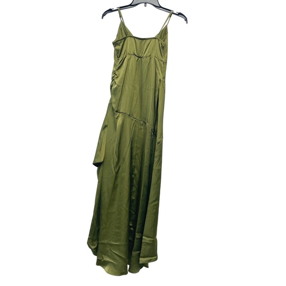 Wild Fable Olive Green Satin Slip Asymmetrical Ruffle Midi Dress Size L - Picture 3 of 6
